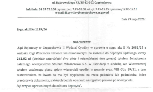 Zdjęcie do Depozyt. Ogłoszenie Sądu Rejonowego w Częstochowie