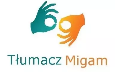 Obrazek przedstawiający dwie dłonie. Pod obrazkiem napis Tłumacz Migam