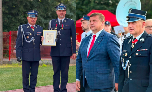 Zdjęcia przedstawiające Burmistrza Gminy Włoszczowa na Jubileuszu 110 lecia oSP w Oksie