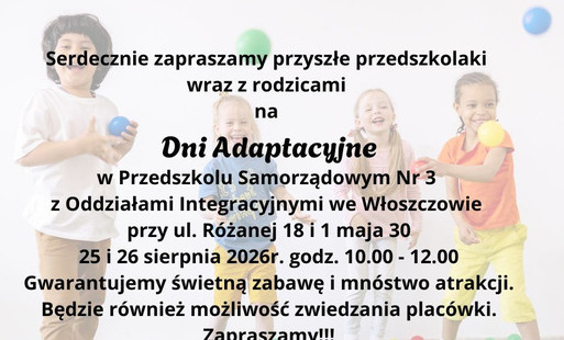 Obrazek z napisem zaproszenie na dni adaptacyjne w wprzedszkolu samorządowym nr 3